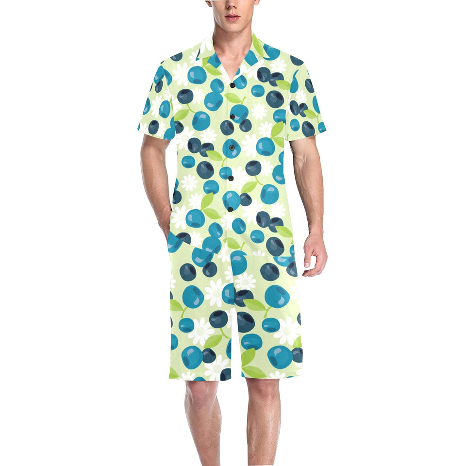 blueberry flower pattern Men's V-Neck Short Pajama Set