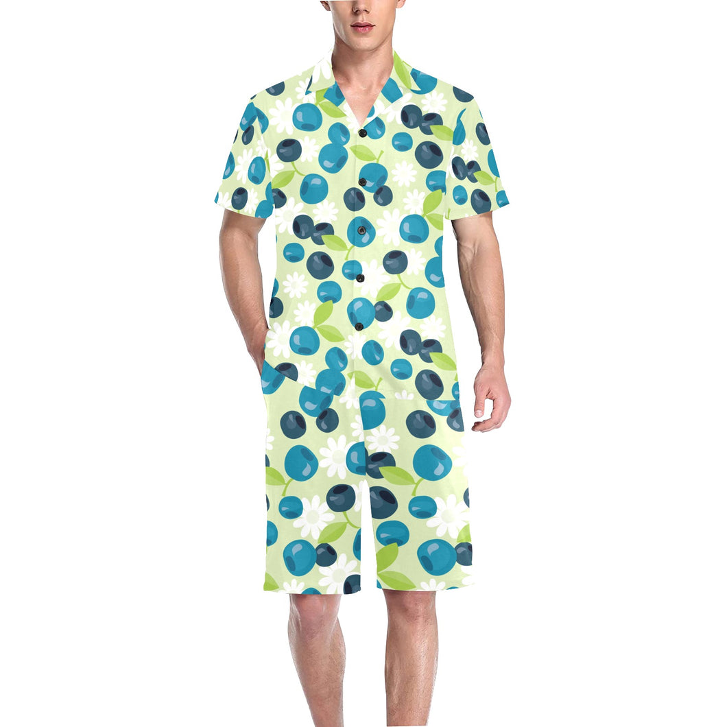 blueberry flower pattern Men's V-Neck Short Pajama Set