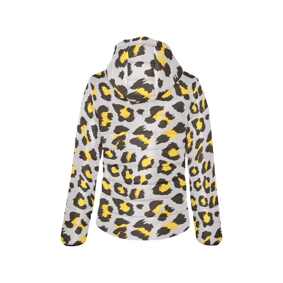 Gray Leopard print pattern Women's Padded Hooded Jacket