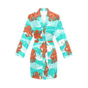 Octopuses sea wave background Women's Long Sleeve Belted Night Robe