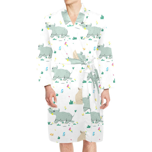 Cute Rhino pattern Men's Long Sleeve Belted Night Robe