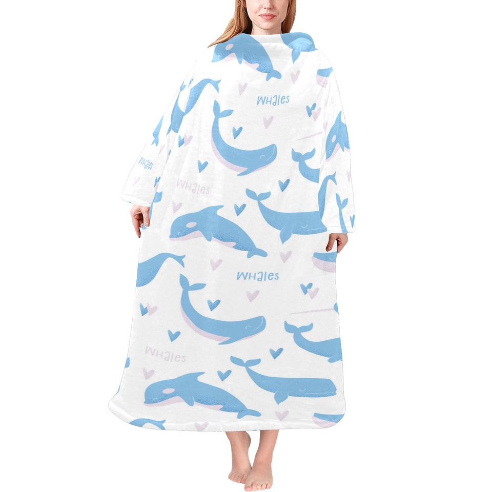Blue whale pattern Blanket Robe with Sleeves