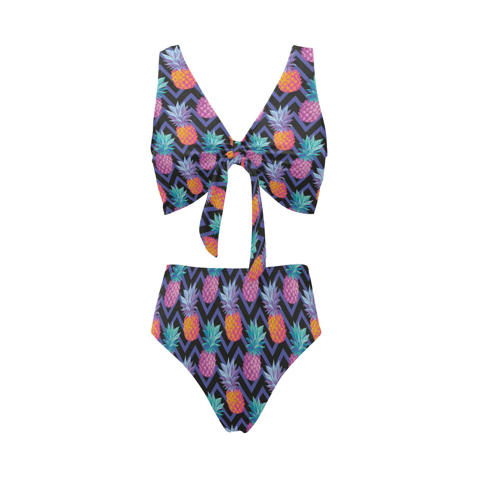Pineapples pattern zigzag background Chest Bowknot High Waisted Bikini Swimsuit