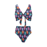 Pineapples pattern zigzag background Chest Bowknot High Waisted Bikini Swimsuit