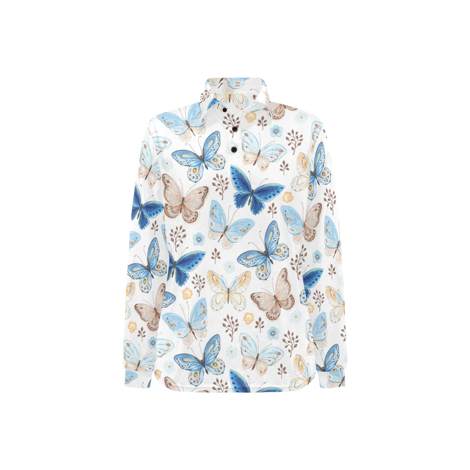 blue butterfly pattern Women's Long Sleeve Polo Shirt