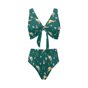 Kangaroo leaves pattern Chest Bowknot High Waisted Bikini Swimsuit