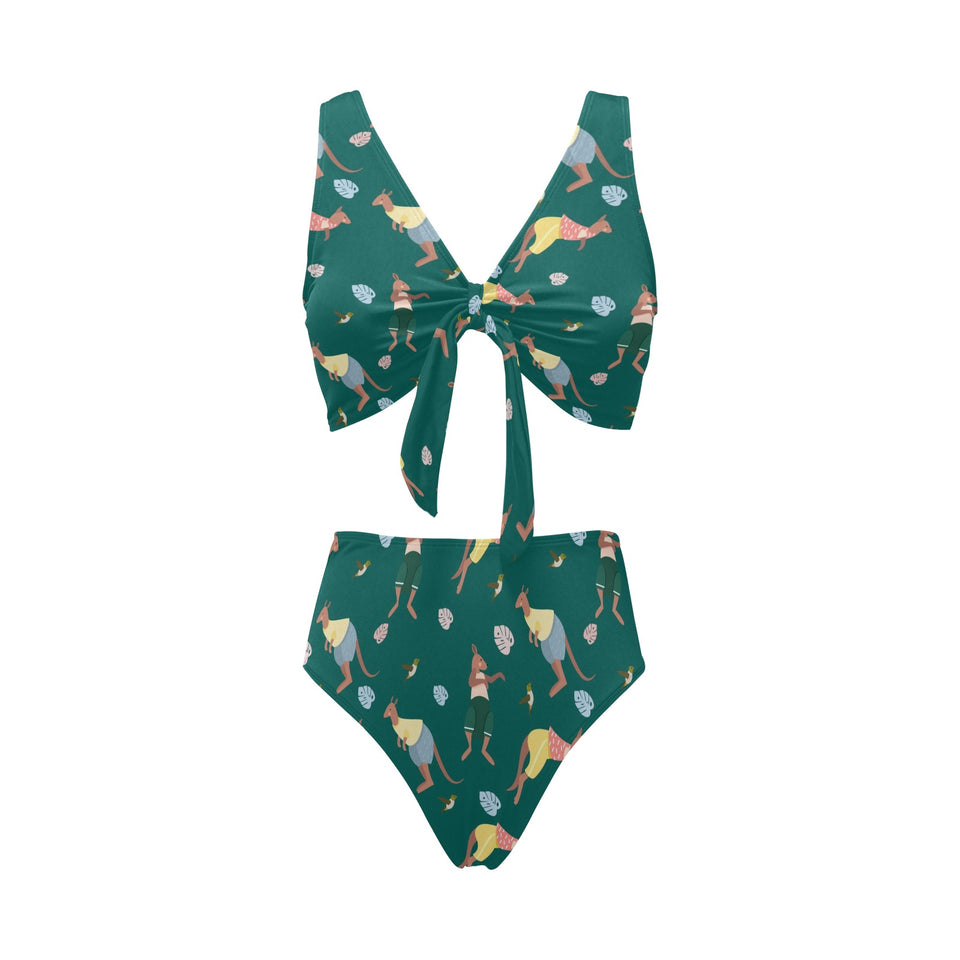 Kangaroo leaves pattern Chest Bowknot High Waisted Bikini Swimsuit