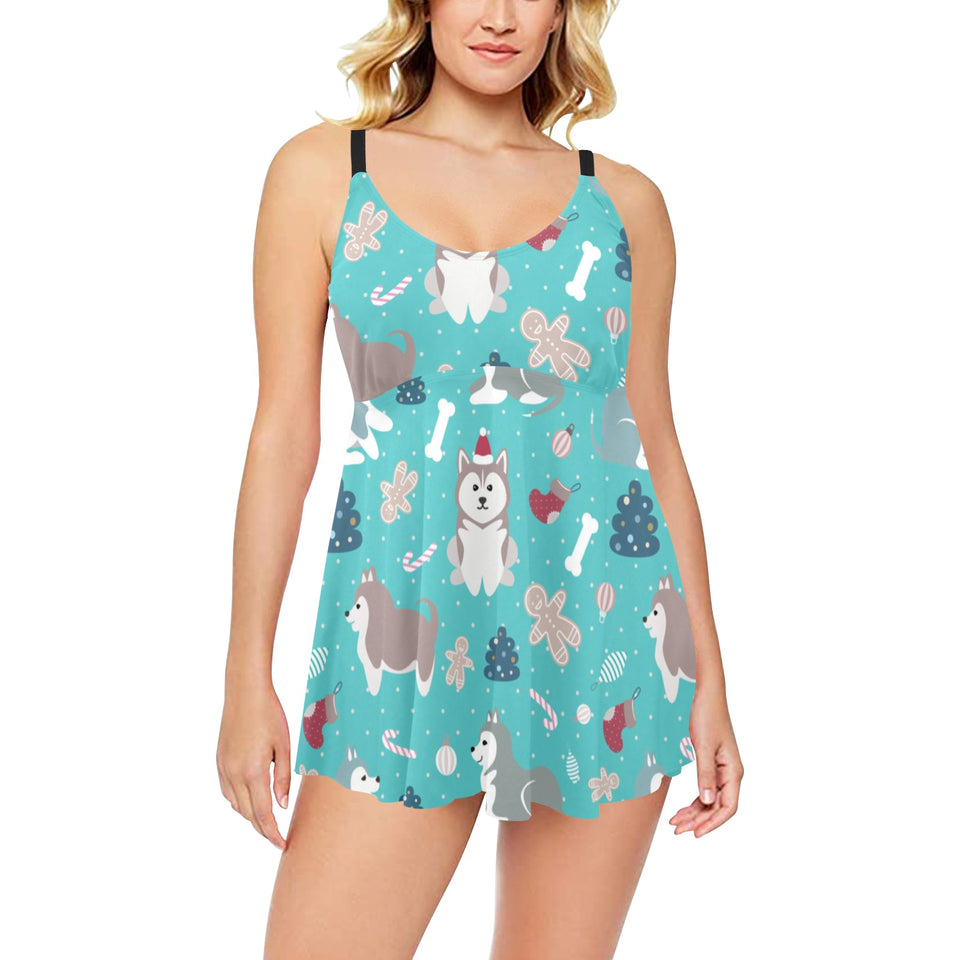 Christmas cute siberian husky puppie pattern Chest Sexy Pleated Two Piece Swim Dress