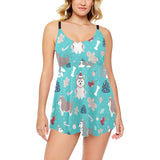 Christmas cute siberian husky puppie pattern Chest Sexy Pleated Two Piece Swim Dress