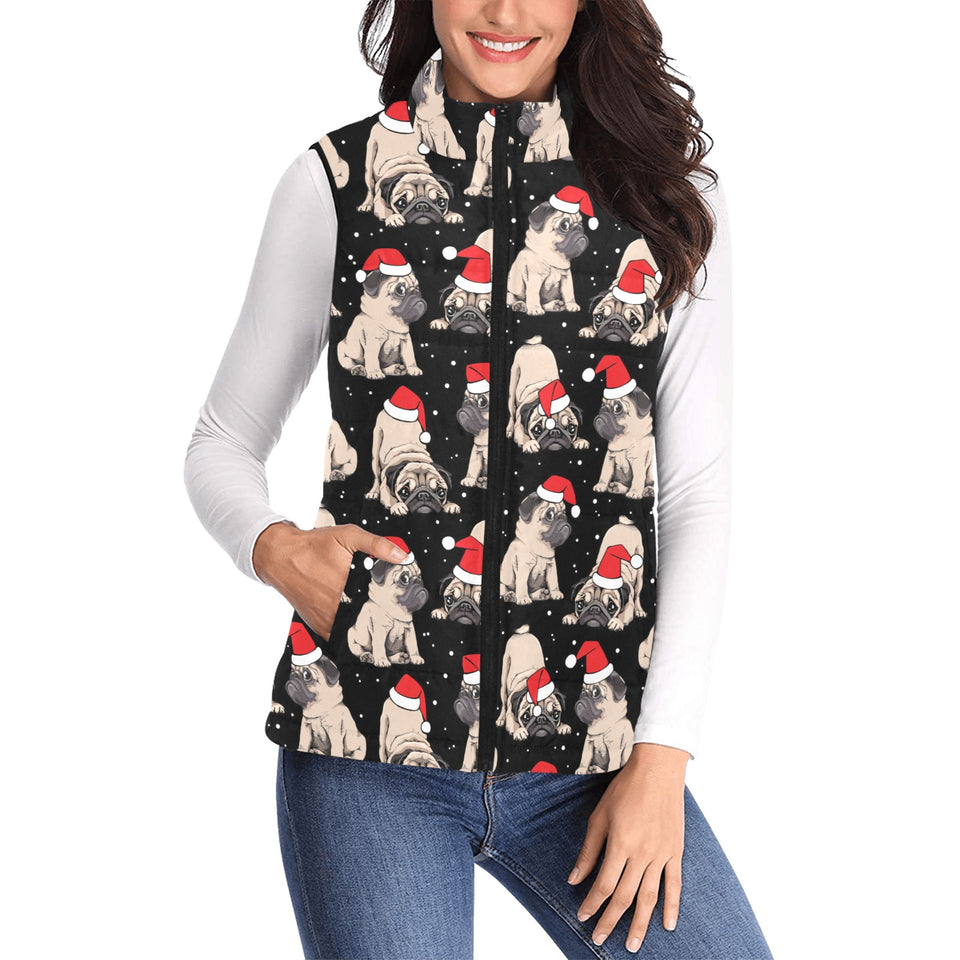 Christmas Pugs Santa_s red cap pattern Women's Padded Vest