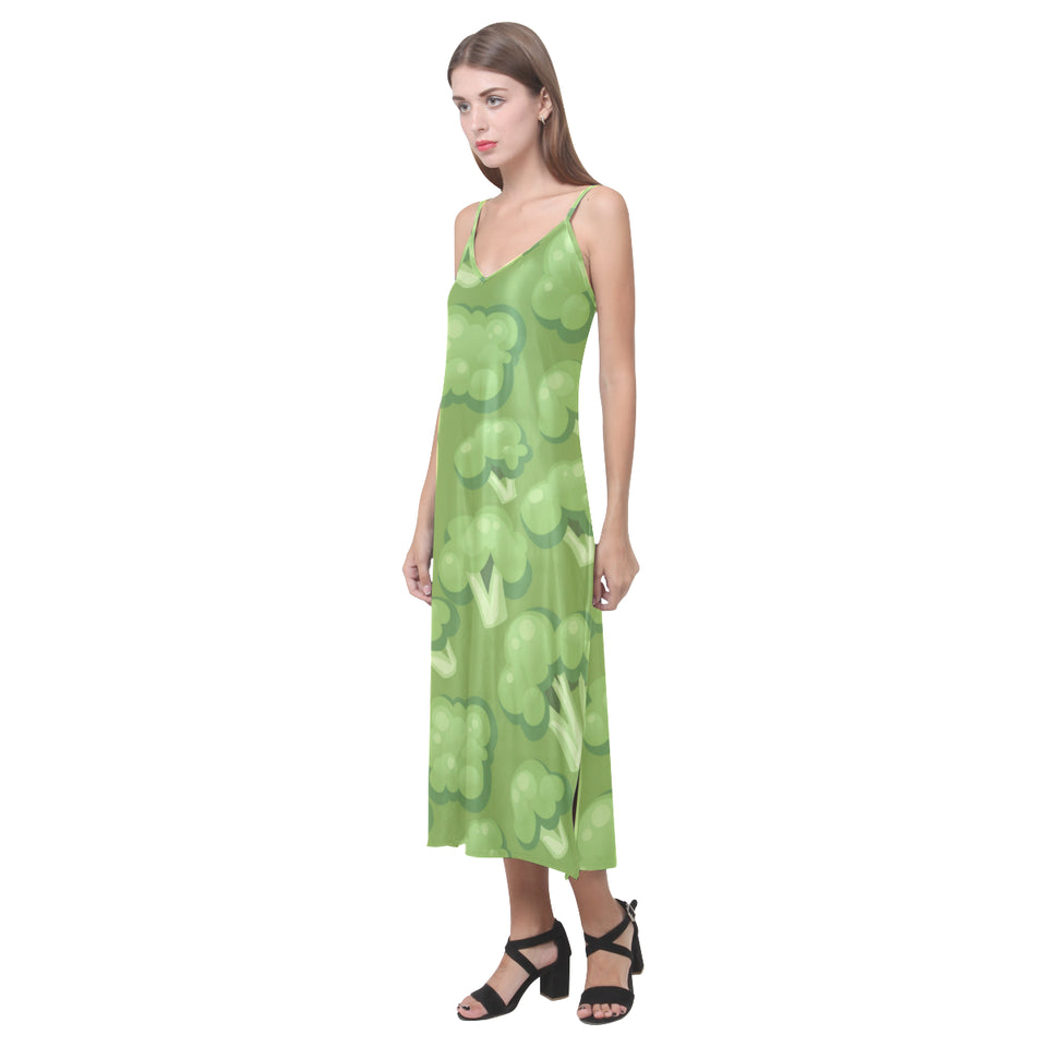 Broccoli pattern green background V-Neck Open Fork Long Dress