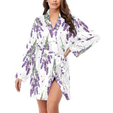 lavender flower design pattern Women's Long Sleeve Belted Night Robe