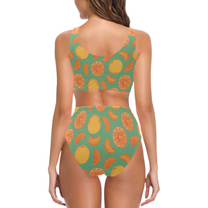 orange fruit pattern green background Chest Bowknot High Waisted Bikini Swimsuit
