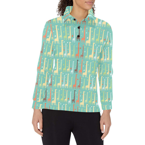 Giraffe Pattern Print Design 01 Women's Long Sleeve Polo Shirt