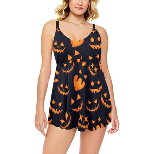 Halloween pattern Pumpkin background Chest Sexy Pleated Two Piece Swim Dress