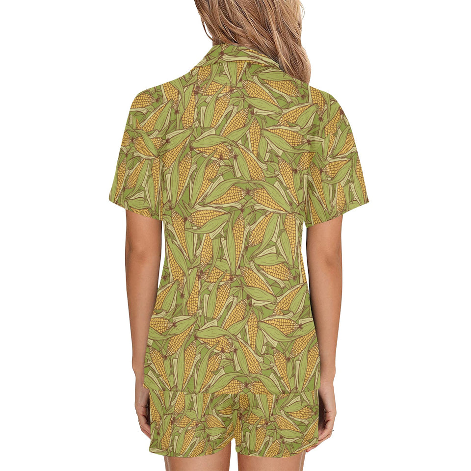 Corn Pattern Print Design 01 Women's V-Neck Short Pajama Set