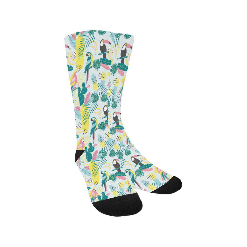 Cute parrot toucan flamingo cactus exotic leaves p Crew Socks