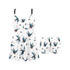 Swallow Pattern Print Design 04 Chest Sexy Pleated Two Piece Swim Dress