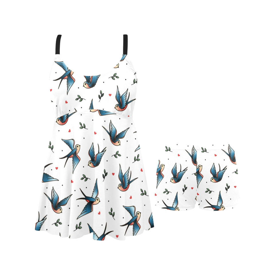 Swallow Pattern Print Design 04 Chest Sexy Pleated Two Piece Swim Dress