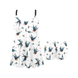 Swallow Pattern Print Design 04 Chest Sexy Pleated Two Piece Swim Dress