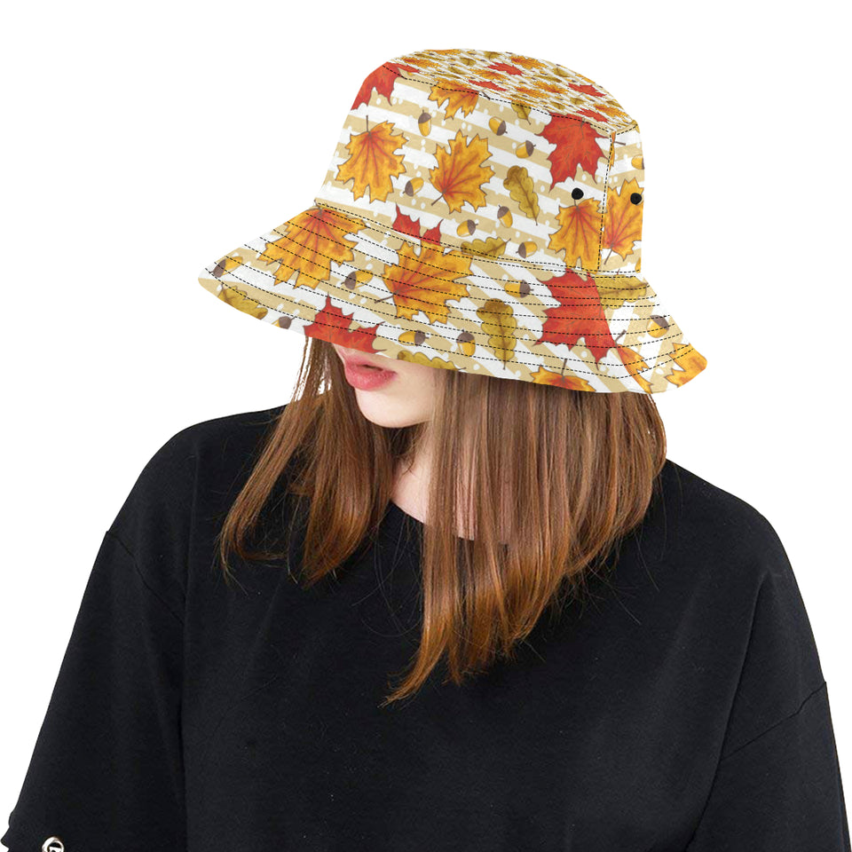 Maple leaf oak leaf acorns beige striped backgroun Unisex Bucket Hat