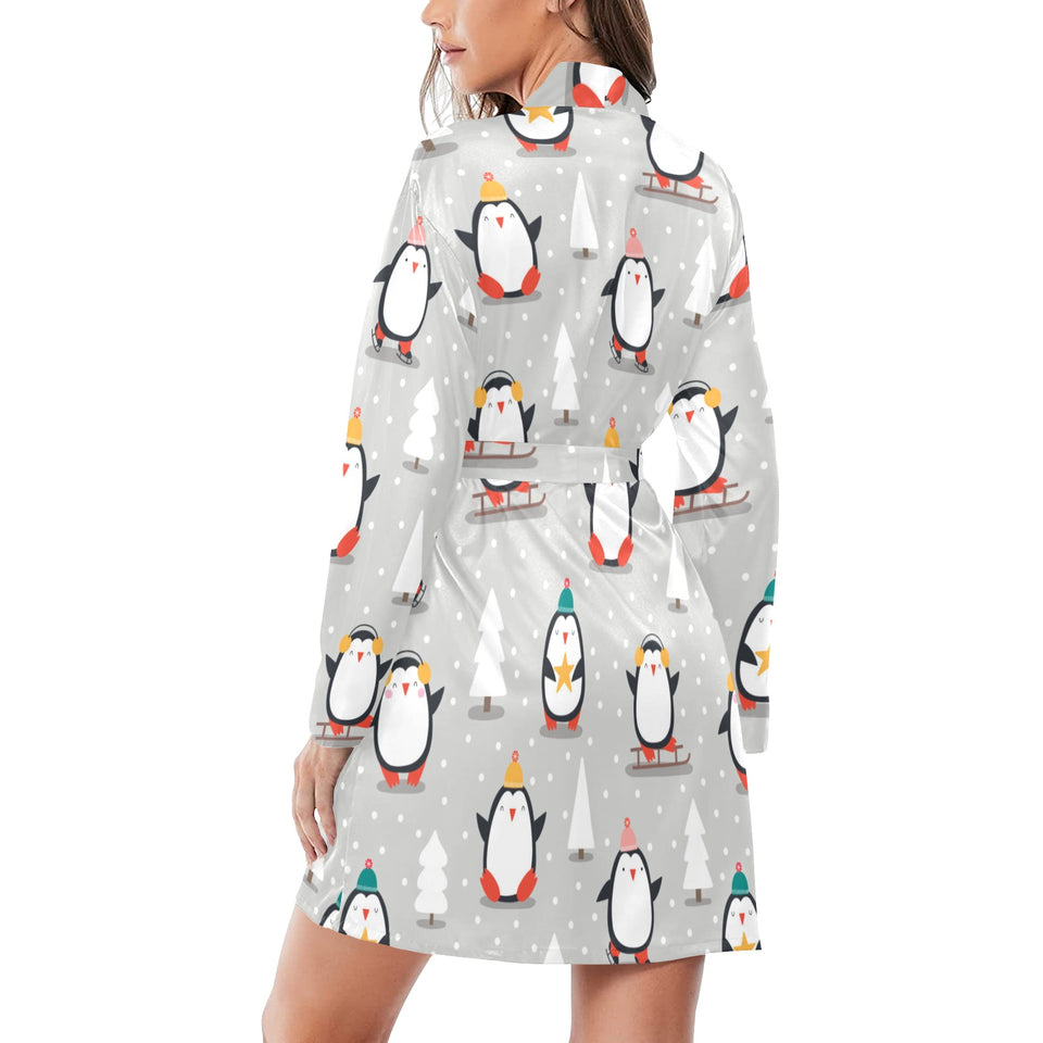 Cute Penguin christmas pattern Women's Long Sleeve Belted Night Robe