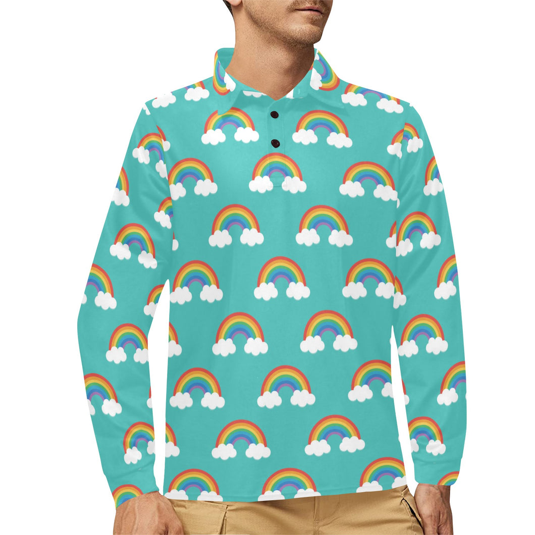 Rainbow pattern green background Men's Long Sleeve Polo Shirt