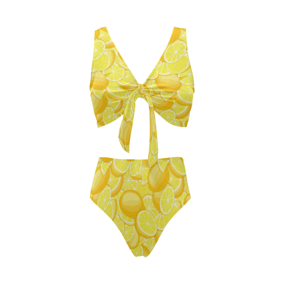 lemon pattern Chest Bowknot High Waisted Bikini Swimsuit