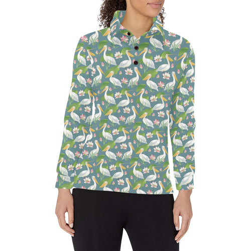 Pelican Pattern Print Design 04 Women's Long Sleeve Polo Shirt