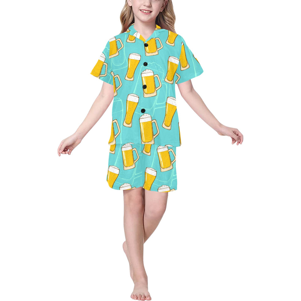 Beer pattern green background Kids' Boys' Girls' V-Neck Short Pajama Set