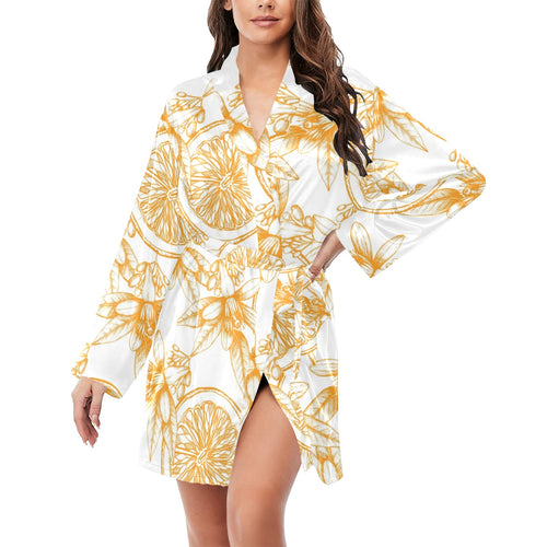 hand drawn orange fruit pattern Women's Long Sleeve Belted Night Robe