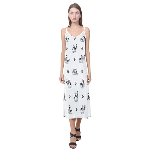 Cute french bulldog paw pattern V-Neck Open Fork Long Dress
