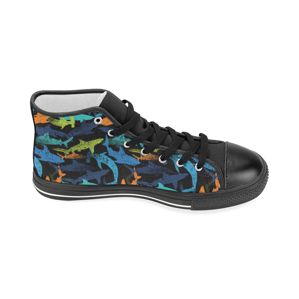 Colorful shark Women's High Top Canvas Shoes Black