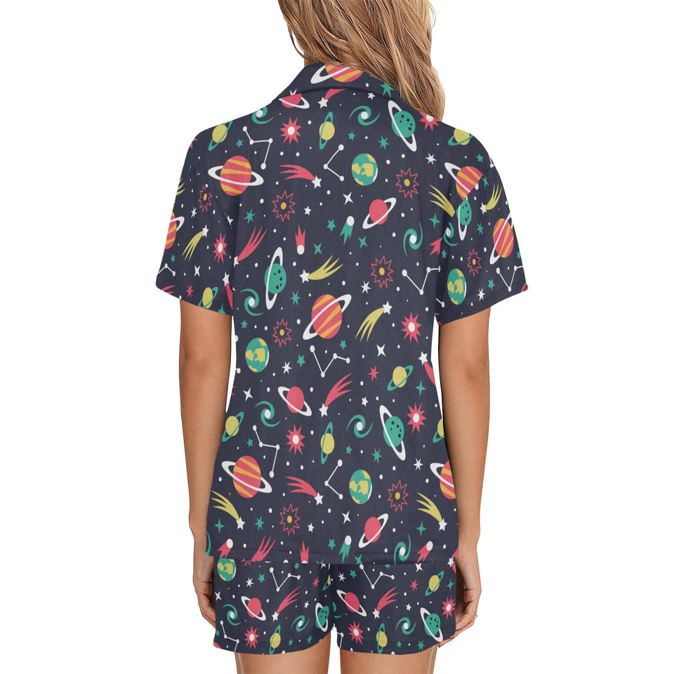 colorful space pattern planet star Women's V-Neck Short Pajama Set