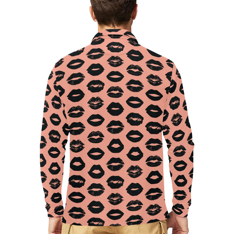 Lips Pattern Print Design 02 Men's Long Sleeve Polo Shirt