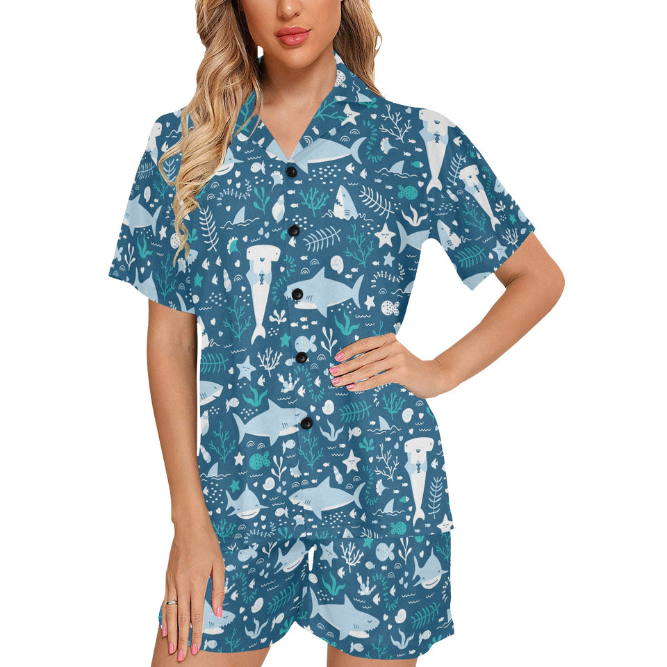 Cute shark pattern Women's V-Neck Short Pajama Set