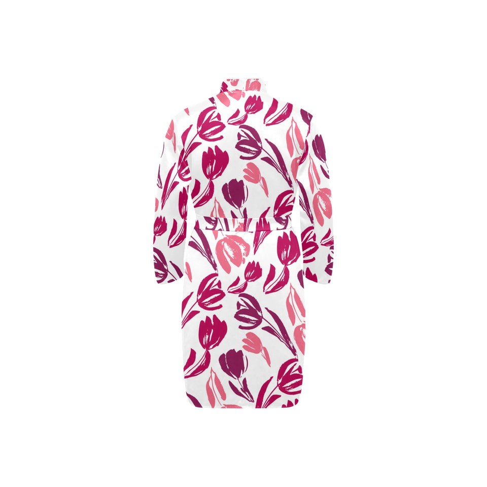 pink sketch tulip pattern Men's Long Sleeve Belted Night Robe