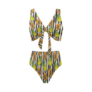papaya design pattern Chest Bowknot High Waisted Bikini Swimsuit