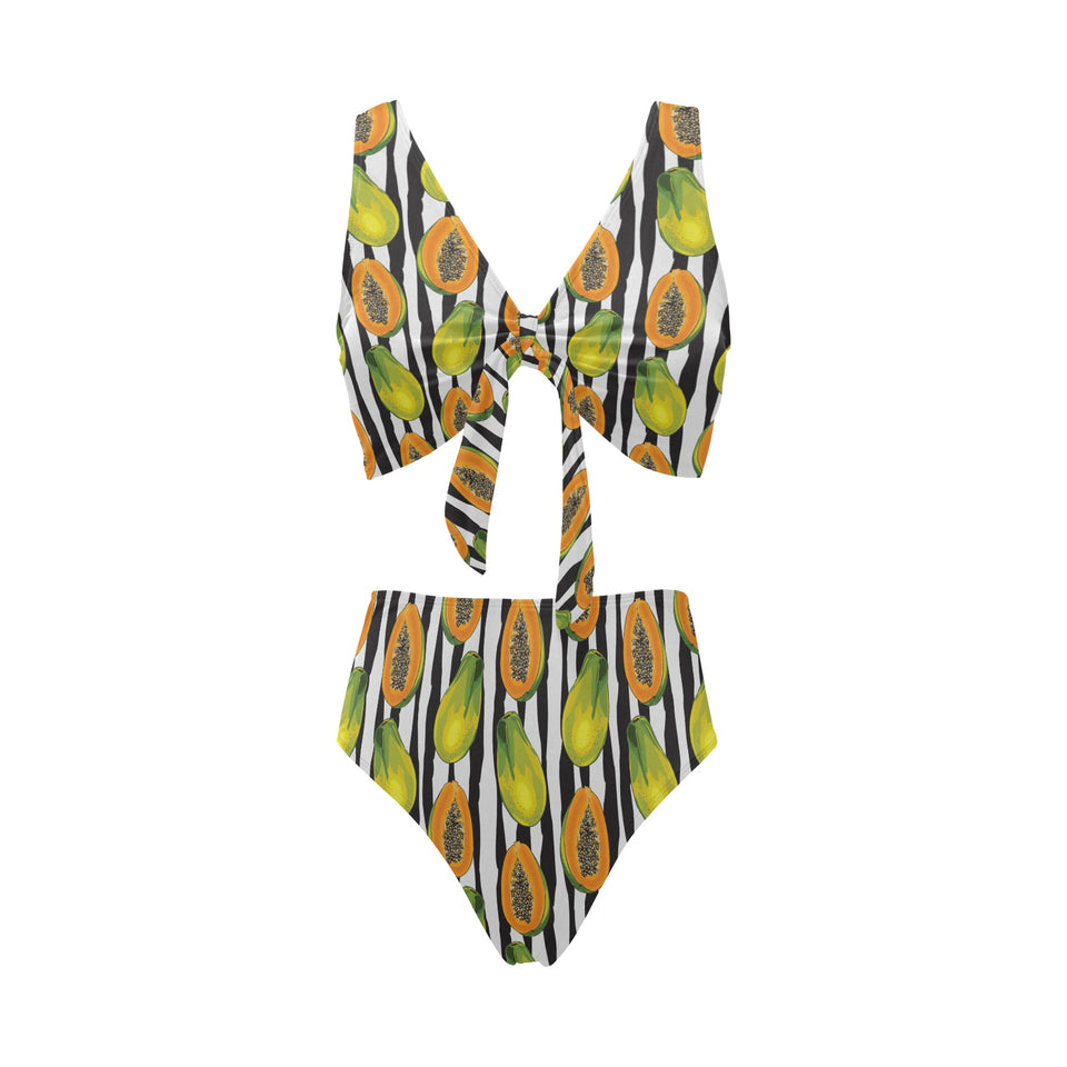 papaya design pattern Chest Bowknot High Waisted Bikini Swimsuit