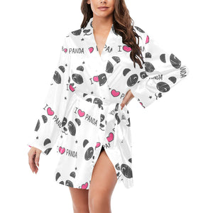 Hand Drawn faces of pandas pattern Women's Long Sleeve Belted Night Robe