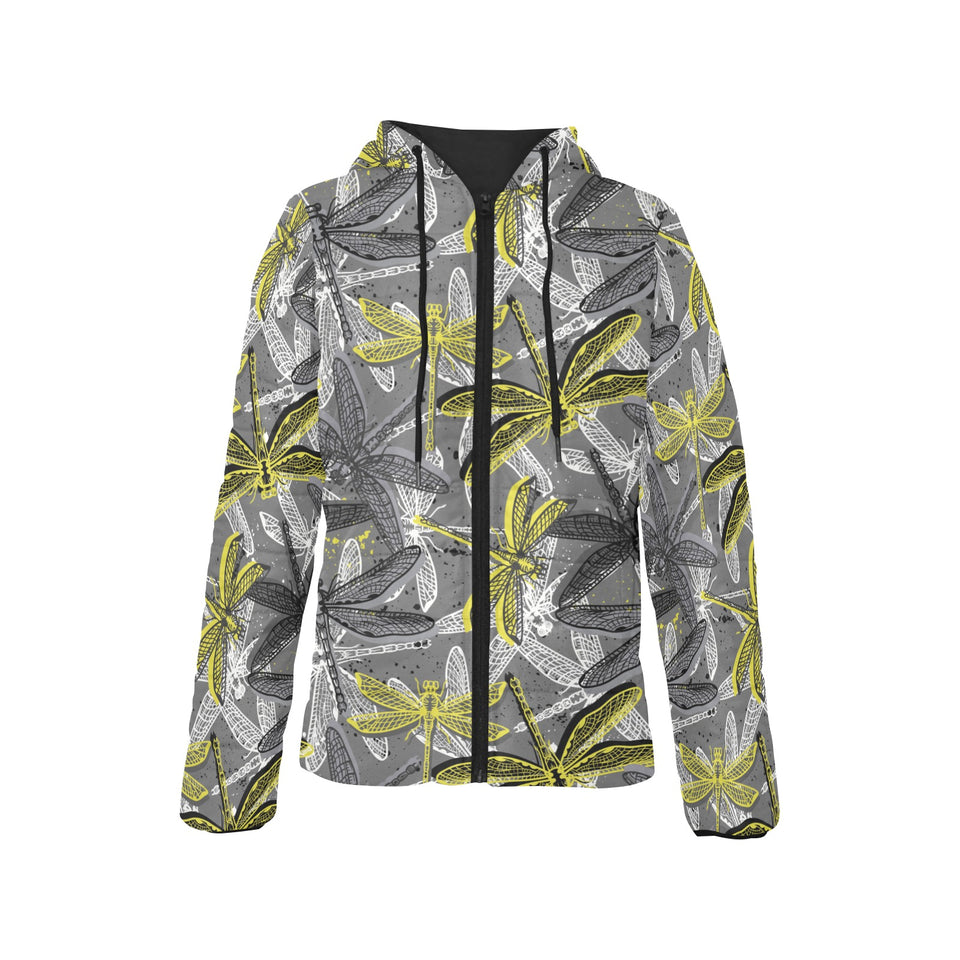 Hand drawn dragonfly pattern Women's Padded Hooded Jacket