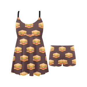 Sandwich Pattern Print Design 04 Chest Sexy Pleated Two Piece Swim Dress