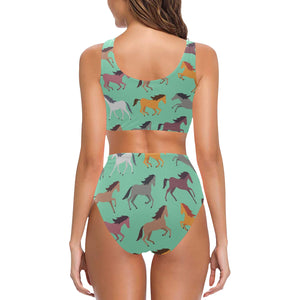 Colorful horses pattern Chest Bowknot High Waisted Bikini Swimsuit