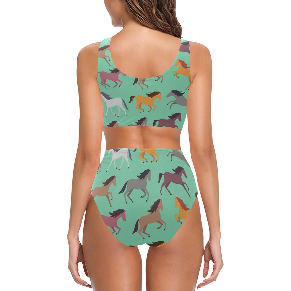 Colorful horses pattern Chest Bowknot High Waisted Bikini Swimsuit
