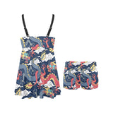 Blue red dragon cloud pattern Chest Sexy Pleated Two Piece Swim Dress