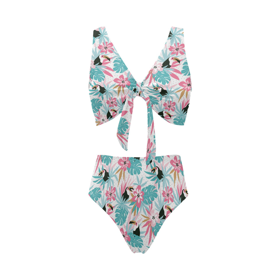 Toucan tropical flower leave pattern Chest Bowknot High Waisted Bikini Swimsuit