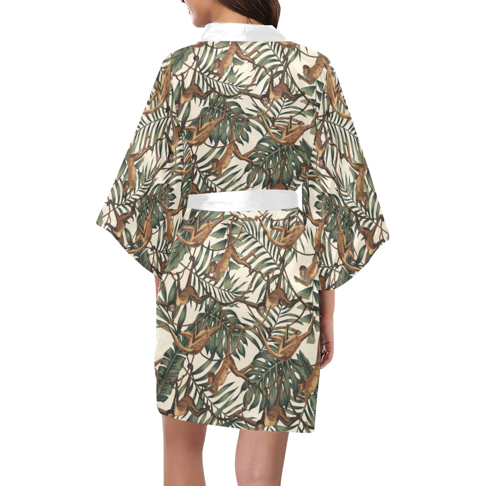 Monkey tropical leaves background Women's Short Kimono Robe