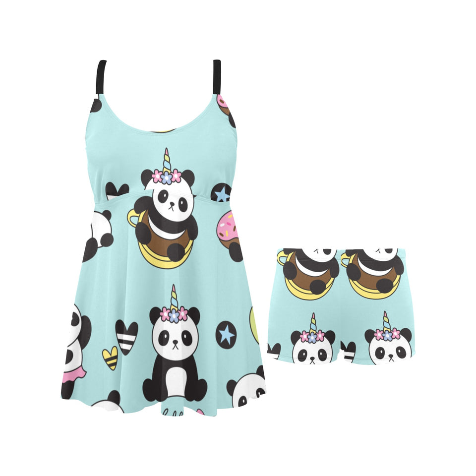 Cute baby panda pattern Chest Sexy Pleated Two Piece Swim Dress
