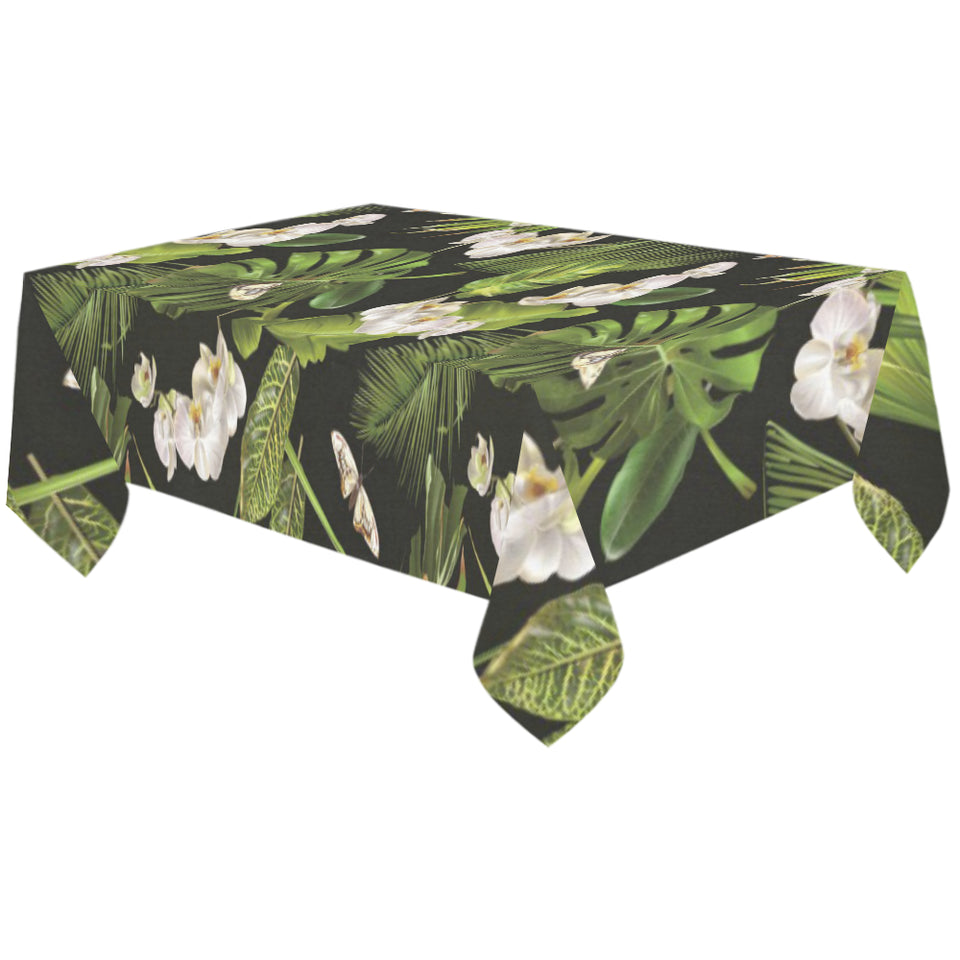 White orchid flower tropical leaves pattern blackg Tablecloth