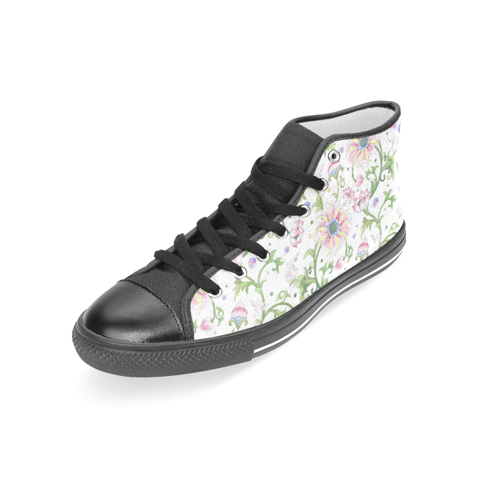 Beautiful pink lotus waterlily leaves pattern Women's High Top Canvas Shoes Black